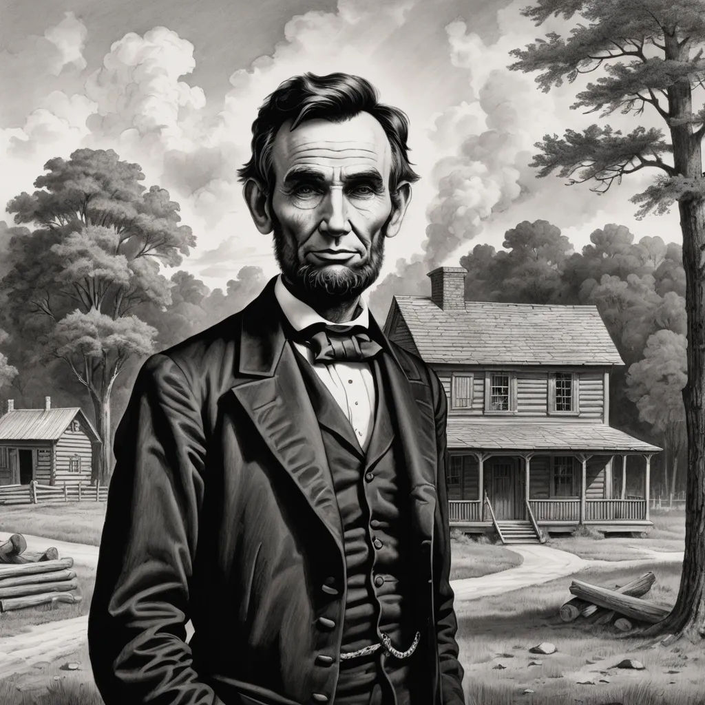 a painting of abraham lincoln in front of a house and trees with a cloudy sky in the background and a man in a suit, american romanticism, an ultrafine detailed painting, Americo Makk, highly detailed digital painting