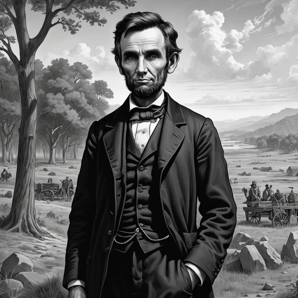 a painting of abraham lincoln in a black suit and tie standing in front of a landscape with trees and people, american barbizon school, an ultrafine detailed painting, Edward Otho Cresap Ord, II, set in 1860