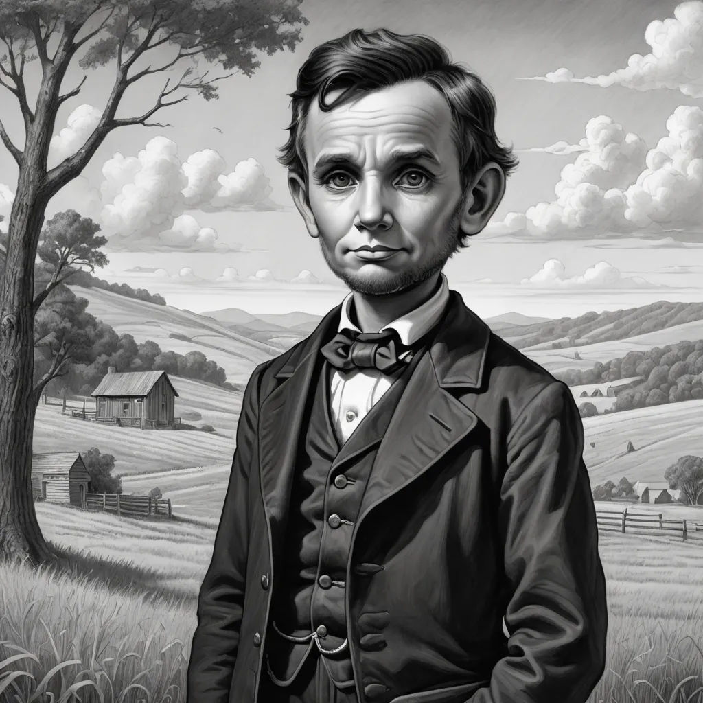 a painting of a man in a suit and tie standing in front of a field with a tree and a barn, american scene painting, an ultrafine detailed painting, F. Scott Hess, set in 1860