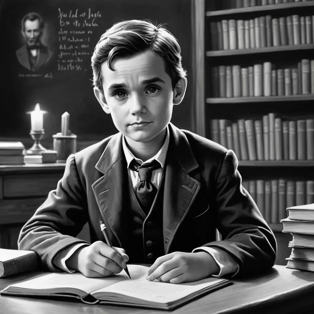 a boy in a suit sitting at a desk with a book and pen in his hand and a book in front of him, digital art, an ultrafine detailed painting, Aaron Jasinski, highly detailed digital painting