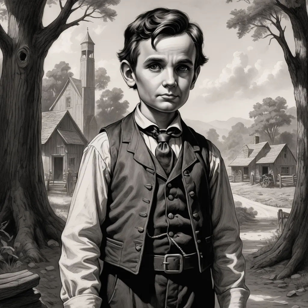 a painting of a boy in a suit and tie standing in front of a tree filled forest with a house, american scene painting, a detailed matte painting, Edward Otho Cresap Ord, II, set in 1860