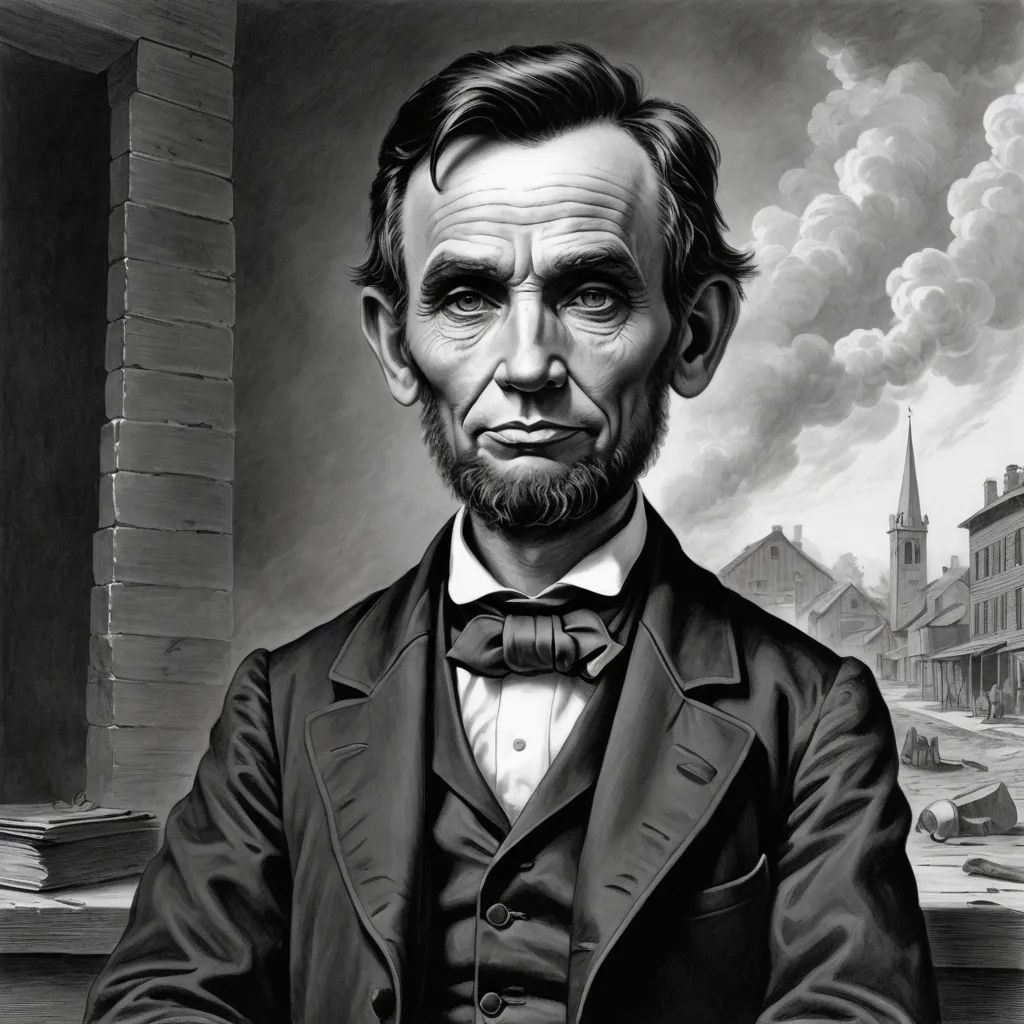 a drawing of abraham lincoln in a suit and tie with a building in the background and a sky filled with clouds, american scene painting, an ultrafine detailed painting, Drew Struzan, highly detailed digital painting