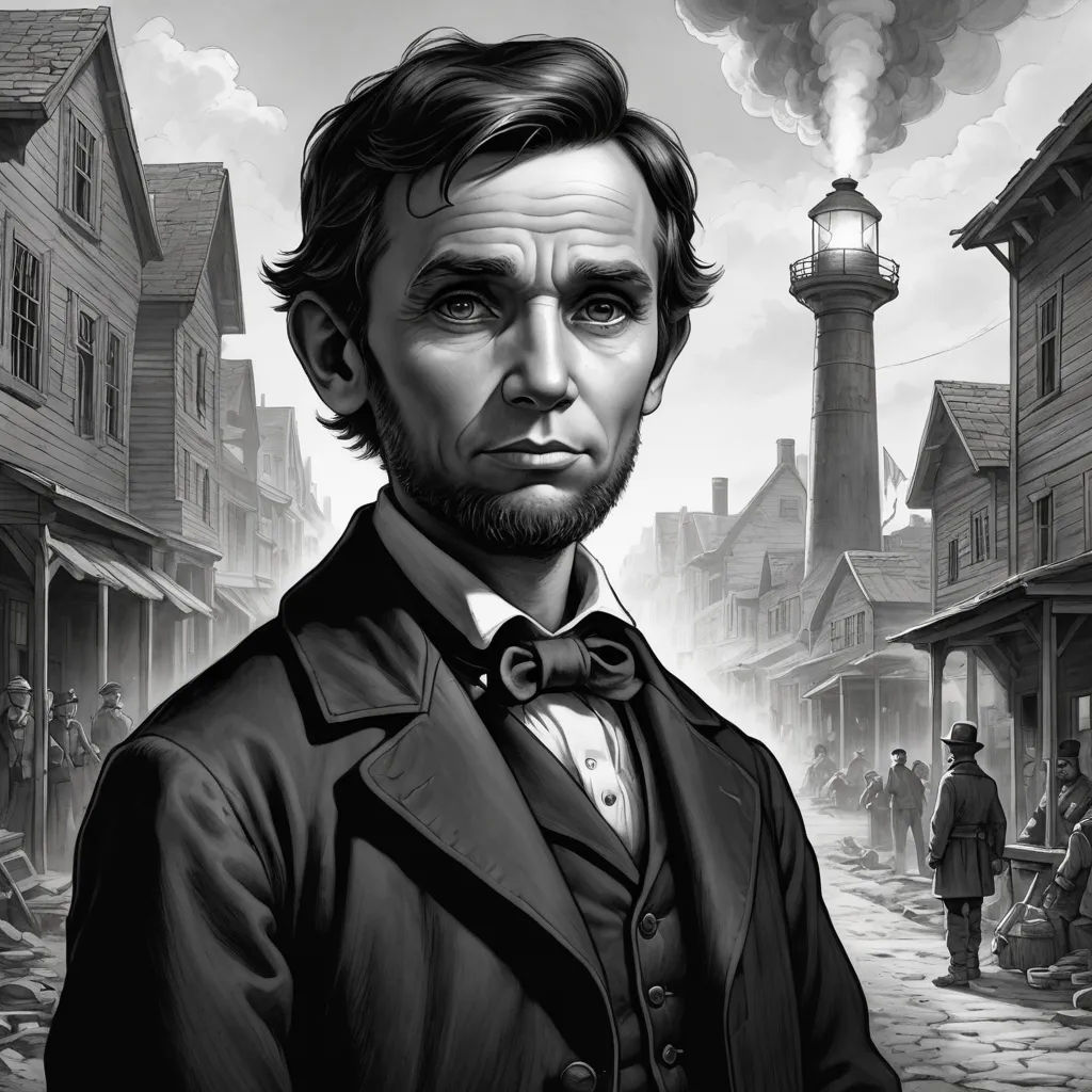 a man in a suit and bow tie standing in front of a lighthouse with smoke coming out of it, american scene painting, a character portrait, F. Scott Hess, set in 1860
