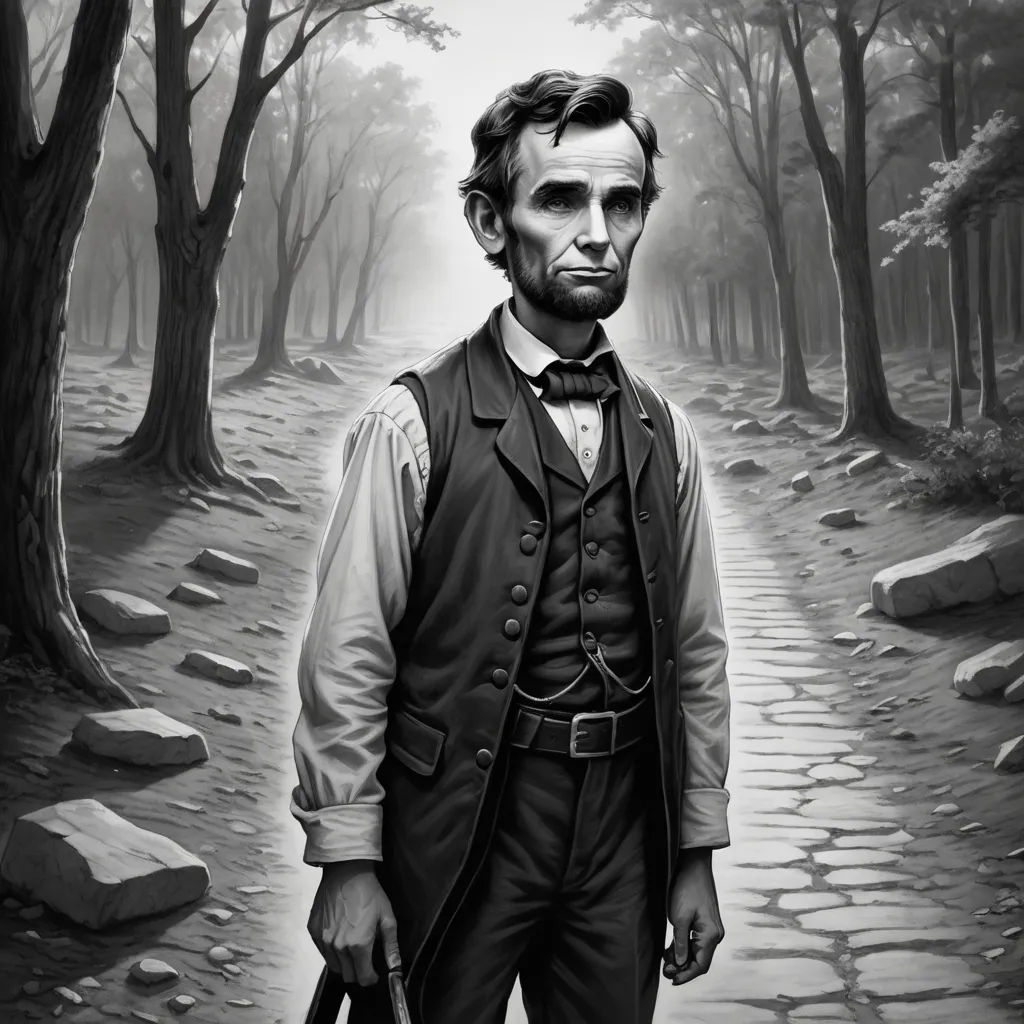 a painting of abraham lincoln holding a gun in a forest with rocks and trees on either side of him, american romanticism, a character portrait, F. Scott Hess, 2 d game art