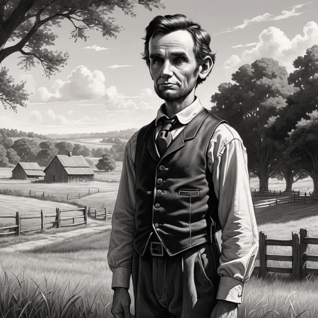 a man standing in a field with a fence and a farm in the background with a tree and a fence, american scene painting, an ultrafine detailed painting, F. Scott Hess, game art