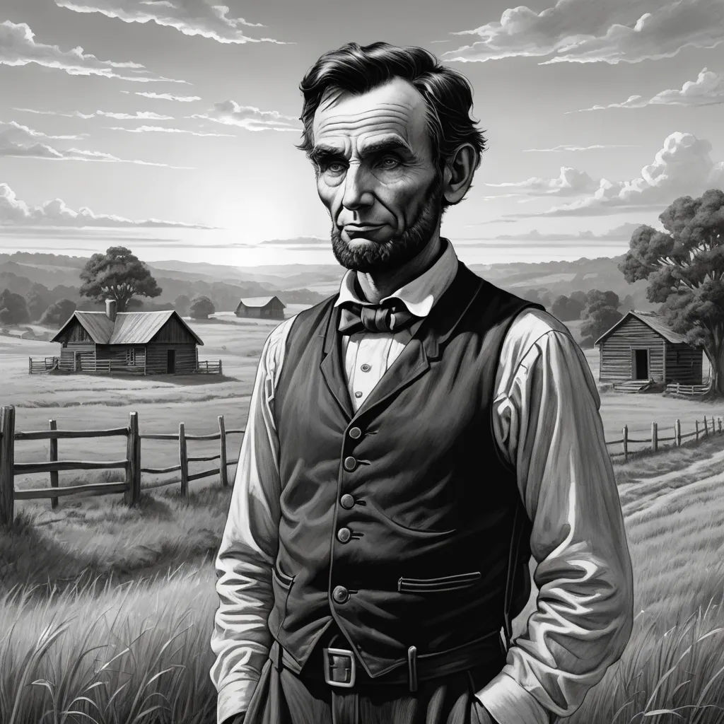 a painting of abraham lincoln in a field of grass and a fence with a barn in the background and a sunset in the background, american scene painting, an ultrafine detailed painting, F. Scott Hess, highly detailed digital painting