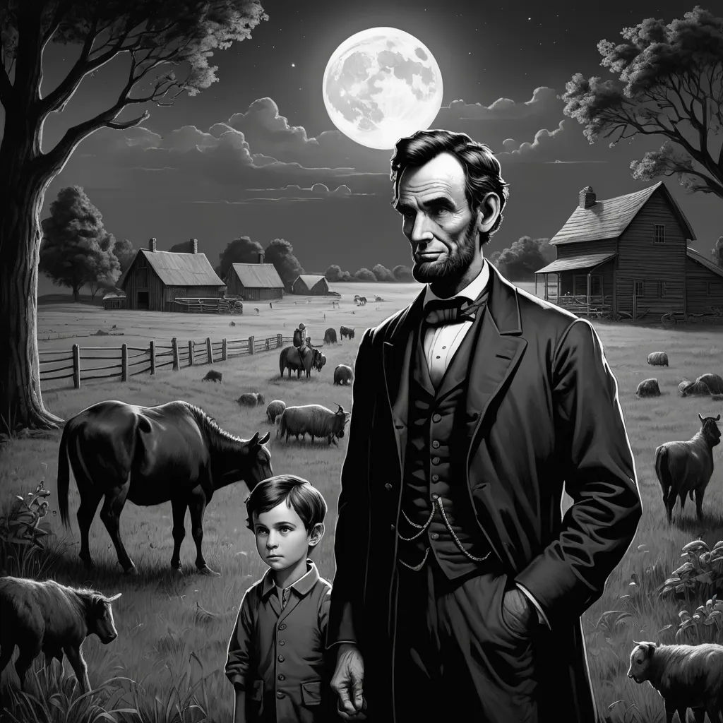 a man and a boy are standing in a field with cows and a full moon in the background, with a barn and trees in the background, american romanticism, an ultrafine detailed painting, Americo Makk, official art