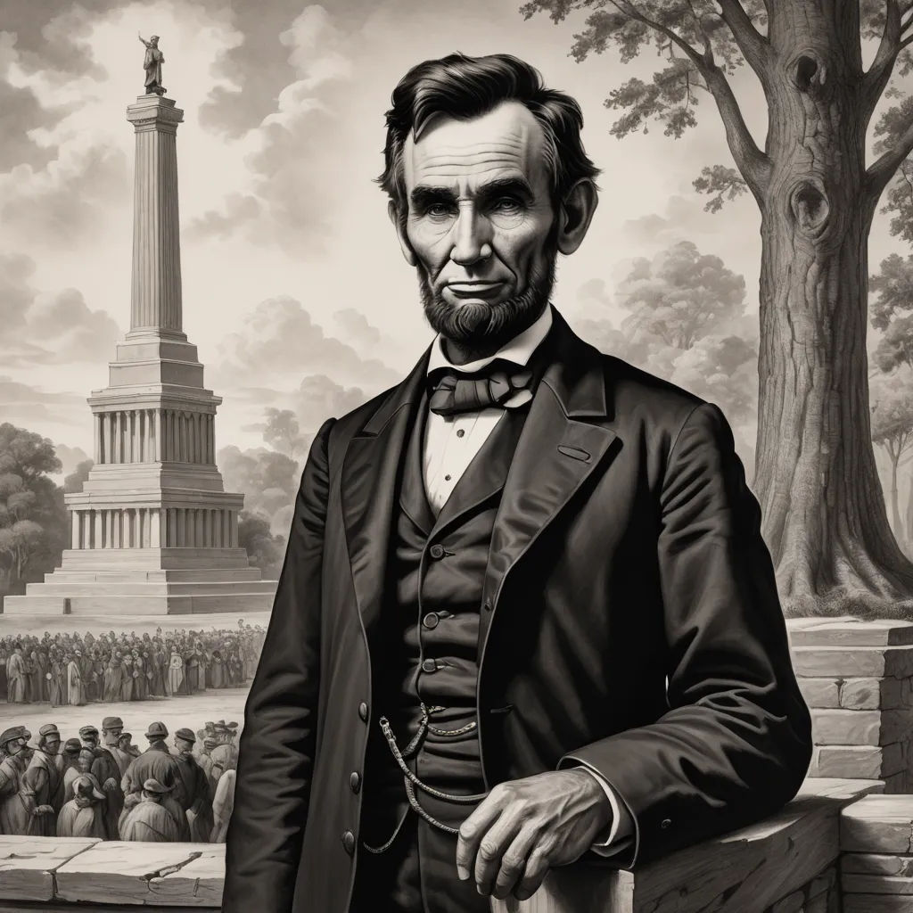 a painting of abraham lincoln in front of a monument and trees with a crowd of people in the background, american romanticism, a statue, Edward Otho Cresap Ord, II, highly detailed digital painting