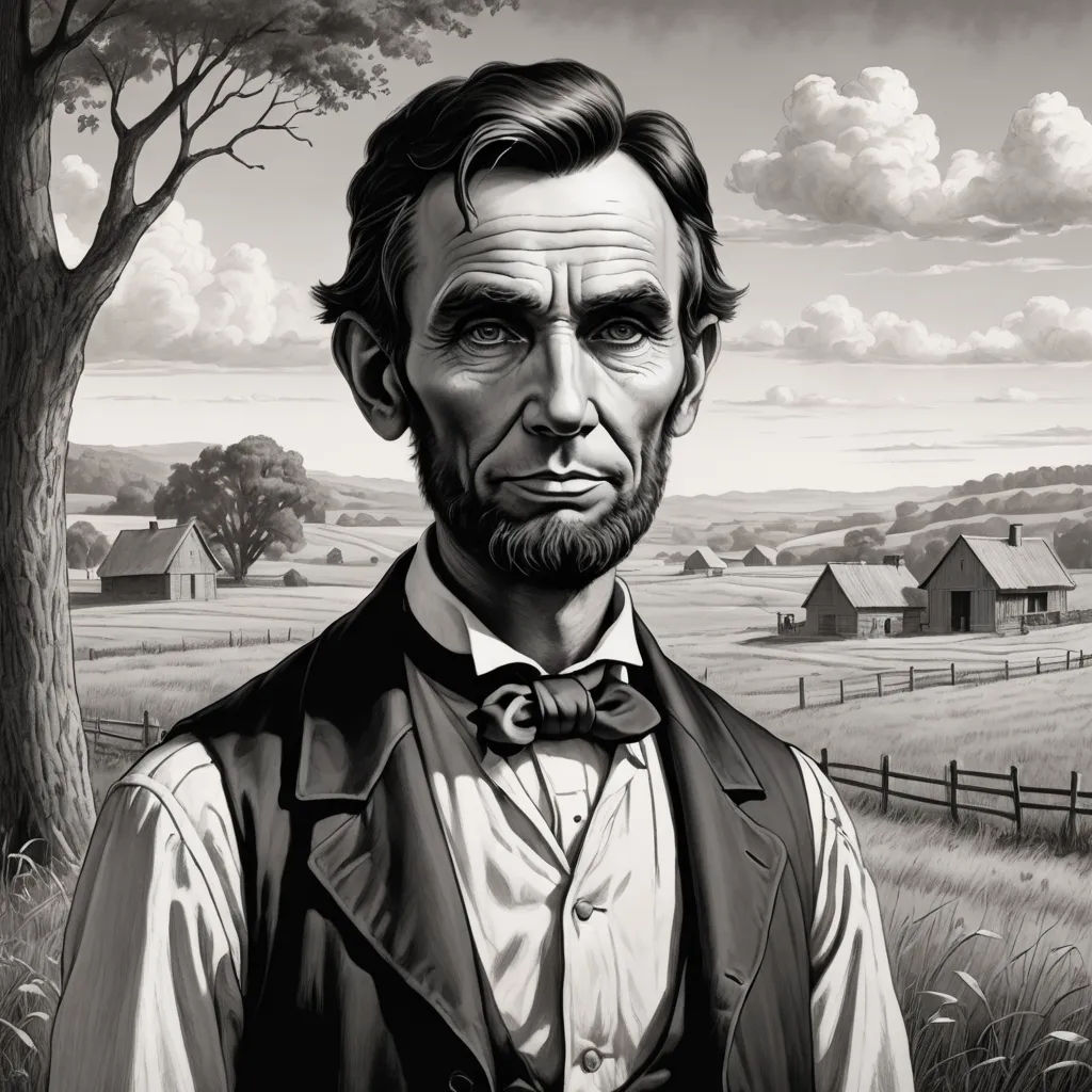 a painting of abraham lincoln in a field with a tree and a fence in the background, with a sky and clouds, american scene painting, an ultrafine detailed painting, F. Scott Hess, highly detailed digital painting