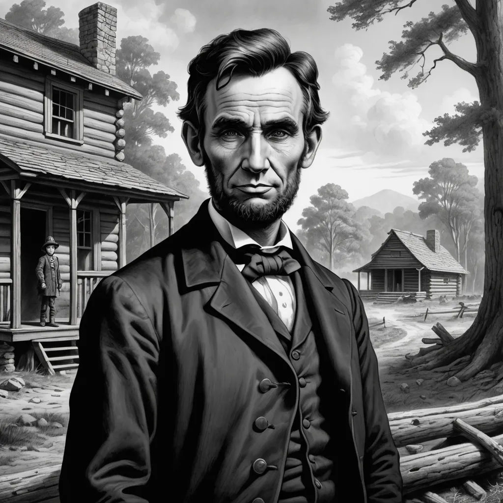 a painting of abraham lincoln in front of a cabin and a tree trunk with a man in a suit, american scene painting, a character portrait, Americo Makk, set in 1860