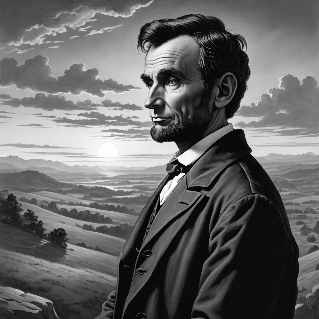 a black and white photo of abraham lincoln in a landscape with clouds and a full moon in the background, american scene painting, an ultrafine detailed painting, F. Scott Hess, highly detailed digital painting