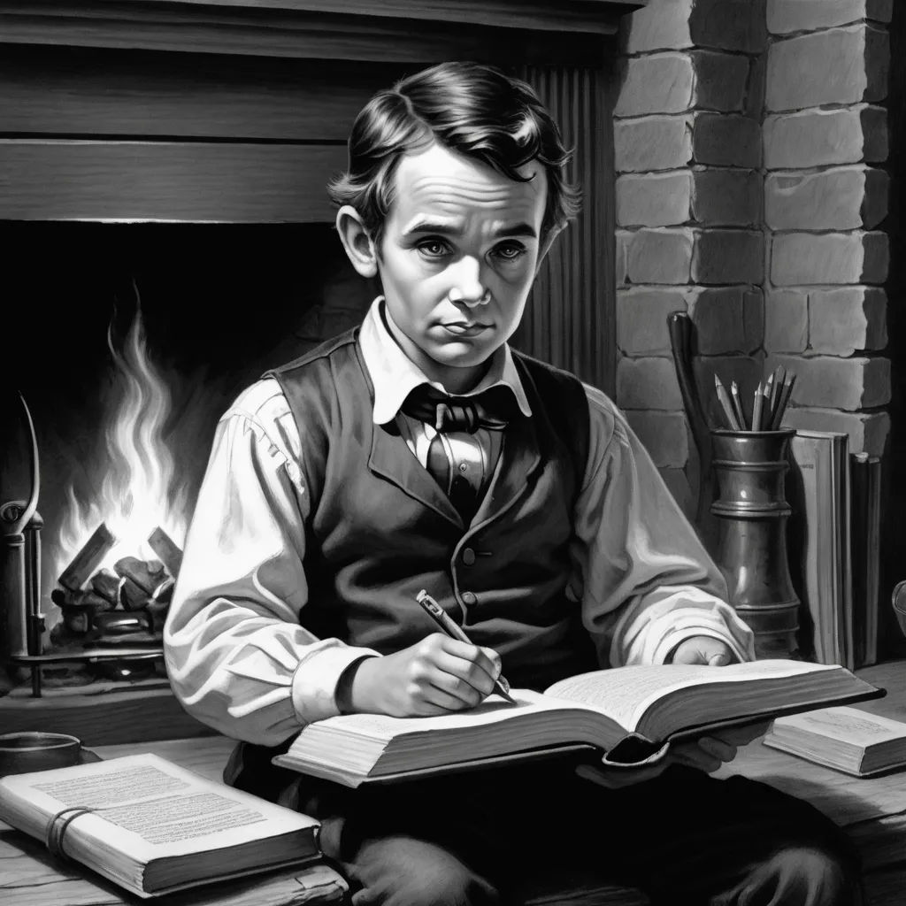 a man sitting at a table with a book and pen in his hand and a fireplace in the background, american scene painting, a character portrait, Aaron Jasinski, set in 1860
