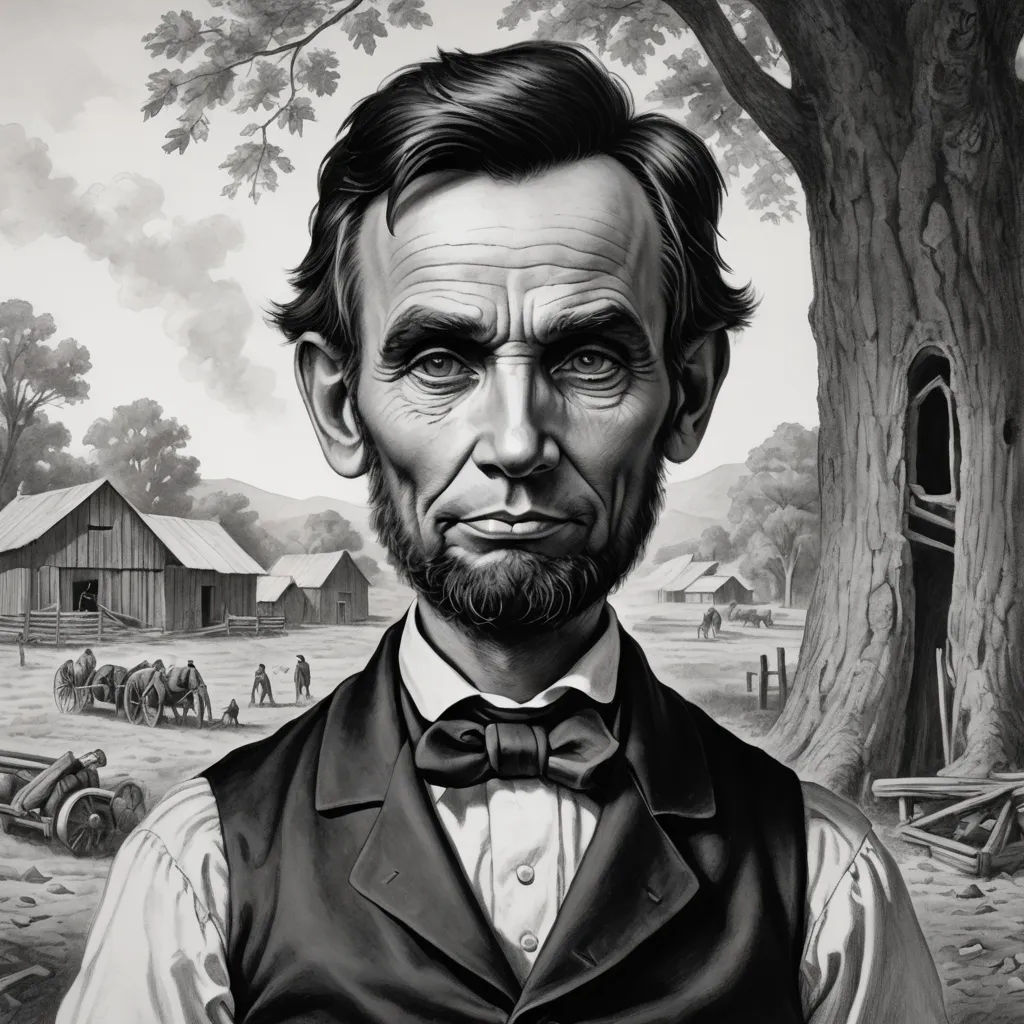 a painting of abraham lincoln in front of a tree and farm scene with a man in a bow tie, american barbizon school, an ultrafine detailed painting, Edward George Handel Lucas, highly detailed digital painting
