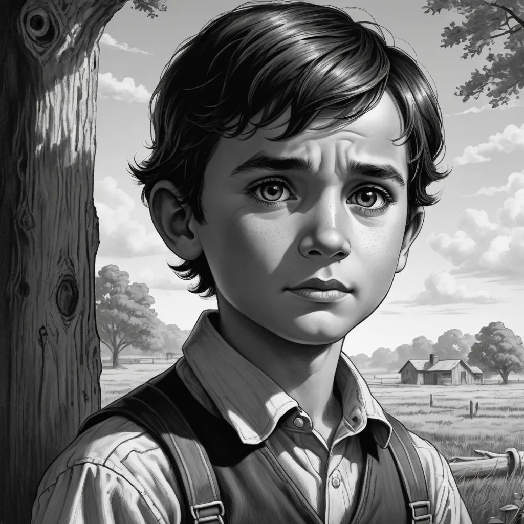 a boy with suspenders and a shirt on standing in front of a tree and a farm with a house in the background, fantastic realism, an ultrafine detailed painting, Aaron Jasinski, highly detailed digital painting