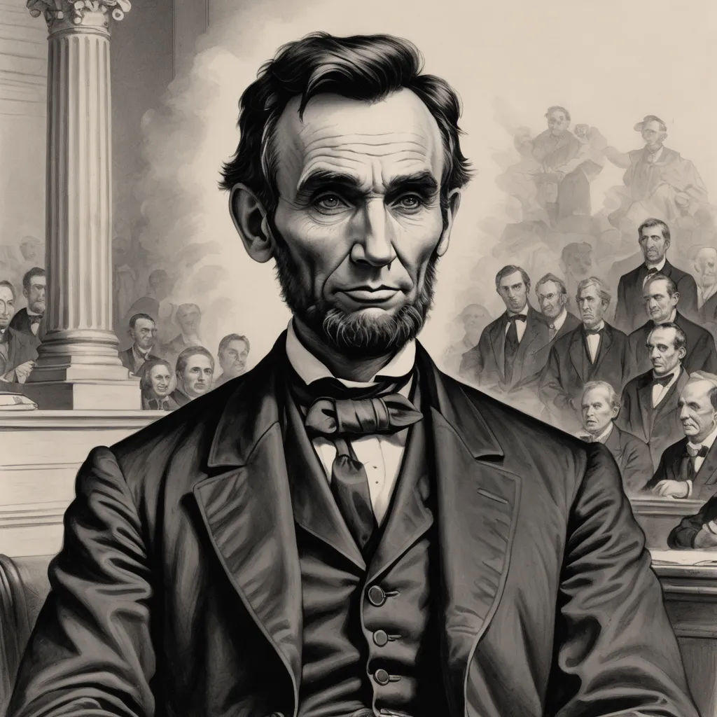 a drawing of abraham lincoln in front of a crowd of people in a courtroom, with a portrait of abraham lincoln, american romanticism, a colorized photo, Drew Struzan, highly detailed portrait
