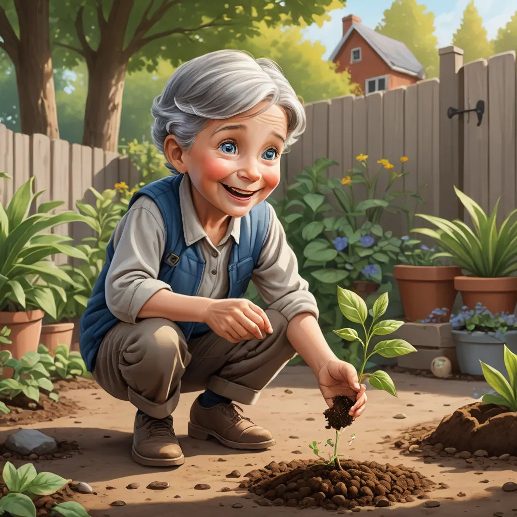 a painting of a man kneeling down to plant a plant in a garden with a fence in the background, american scene painting, a storybook illustration, Bob Byerley, storybook illustration
