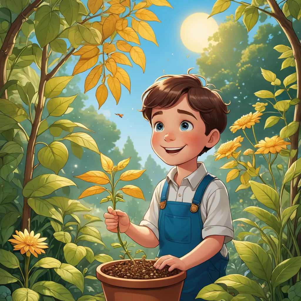 a boy holding a potted plant in a forest with sun shining through the trees and leaves on the ground, lyco art, a storybook illustration, Aaron Jasinski, storybook illustration