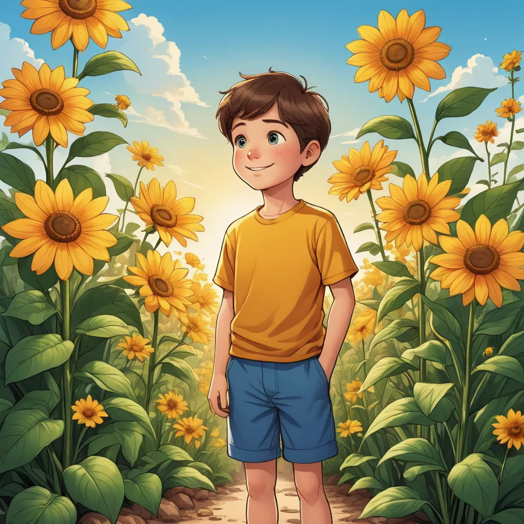a boy standing in the middle of a field of sunflowers with a sky background and clouds in the background, lyco art, a storybook illustration, Diego Gisbert Llorens, rossdraws global illumination