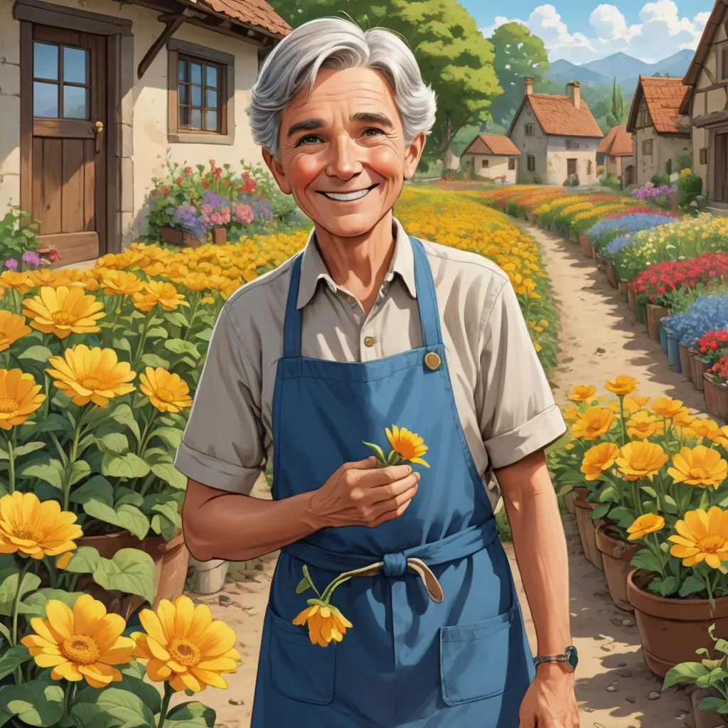 a painting of a man in a garden holding a flower pot and smiling at the camera with a house in the background, american scene painting, a character portrait, Chris LaBrooy, professional digital painting