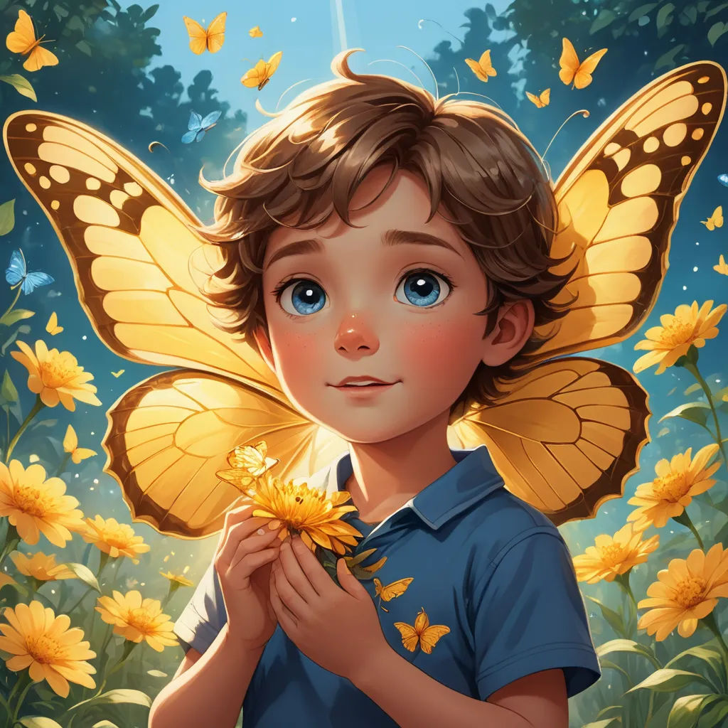 a young boy holding a flower in his hands with butterflies around him and a butterfly on his shoulder,, fantasy art, a detailed painting, Aaron Jasinski, rossdraws global illumination