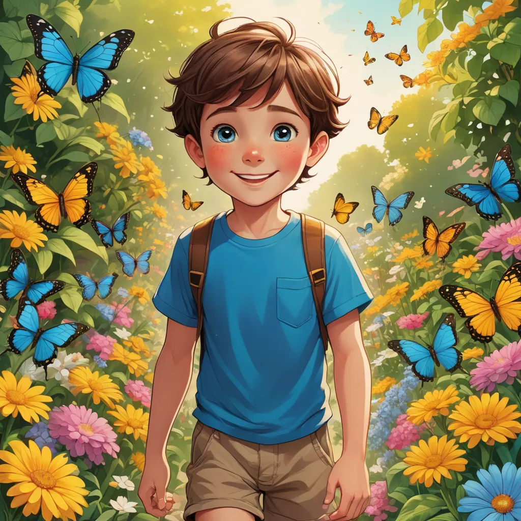 a boy in a blue shirt and brown shorts standing in a field of flowers and butterflies with a butterfly - filled sky, magical realism, a storybook illustration, Aaron Jasinski, rossdraws global illumination