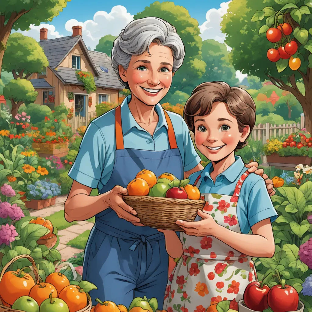 a woman and a child holding a basket of fruit in a garden with a house in the background and a garden full of flowers, naive art, a storybook illustration, Ammi Phillips, game art