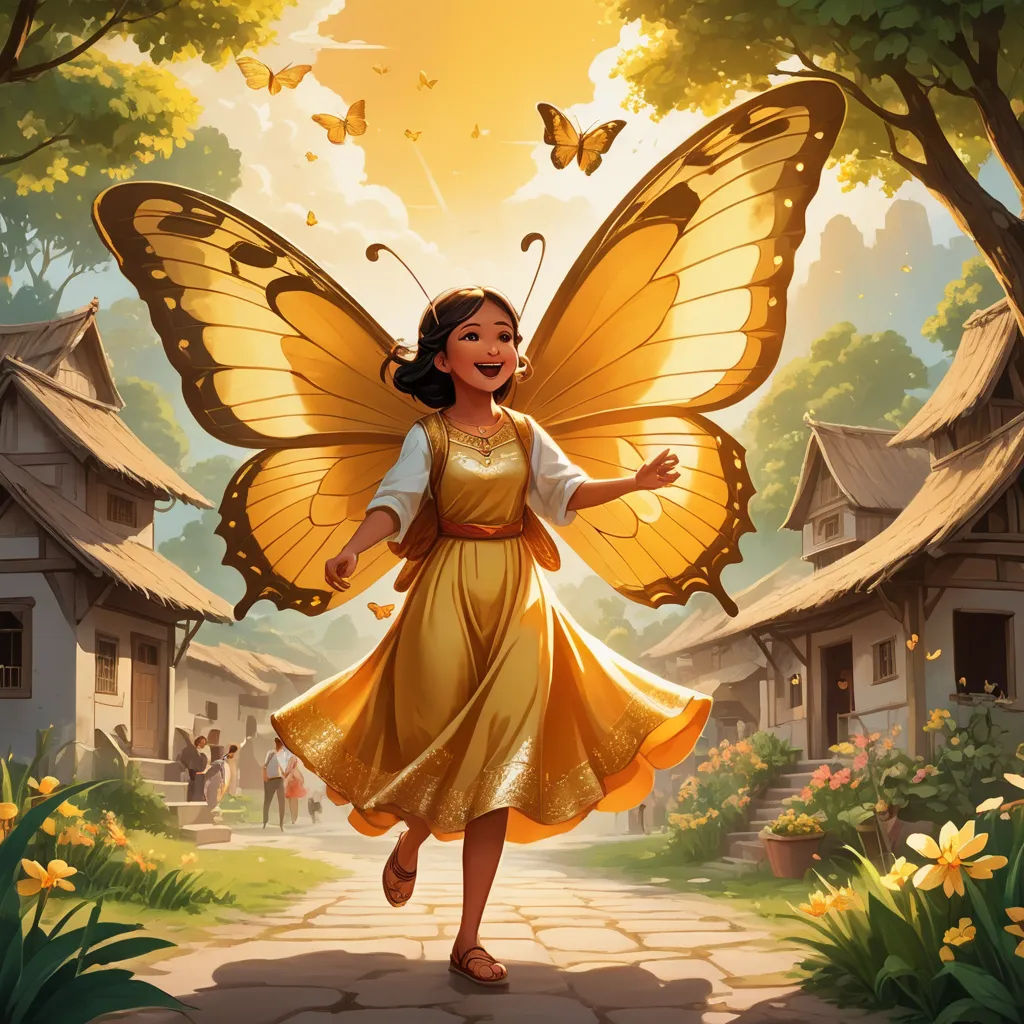 a girl dressed as a butterfly with a yellow dress and a yellow butterfly wings, walking through a park, fantasy art, a storybook illustration, Chris Rallis, rossdraws global illumination