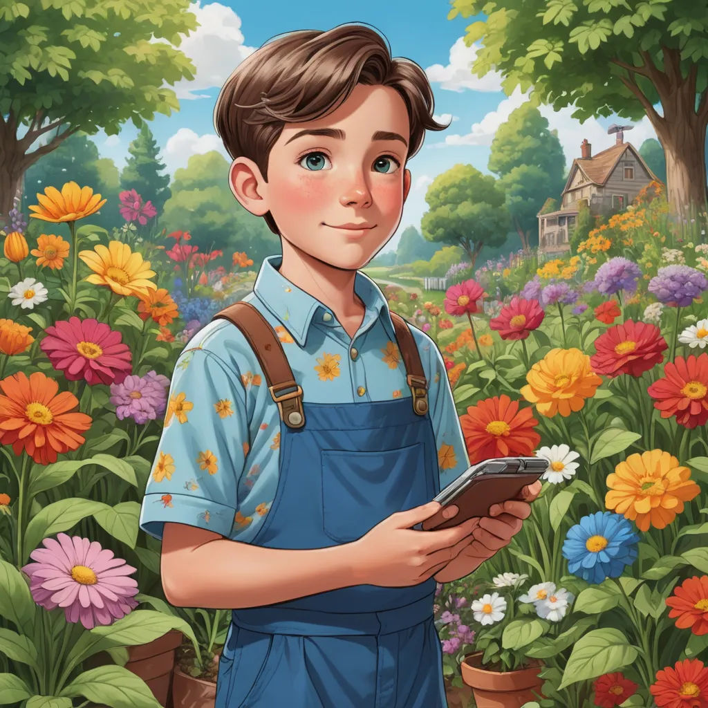 a boy in a flower garden holding a tablet computer in his hands and looking at the screen with a smile, sots art, a character portrait, Aaron Jasinski, kinkade