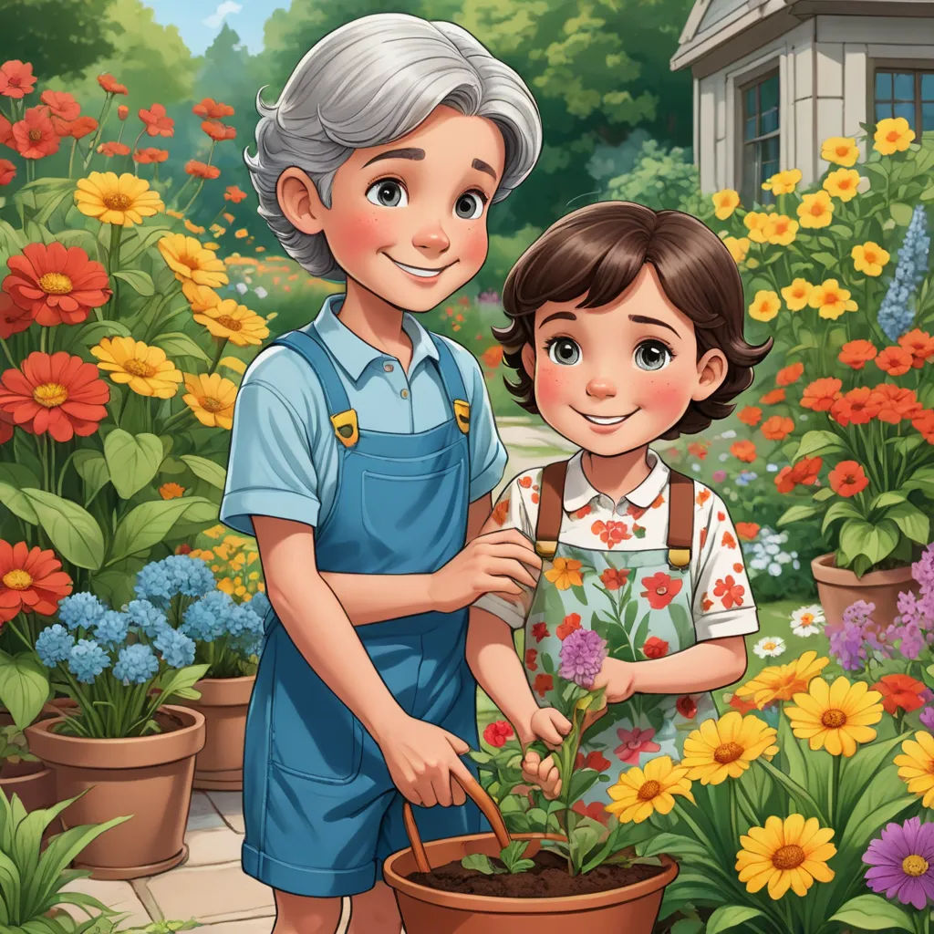 a boy and girl are gardening in a garden with flowers in the background illustration for children's books, naive art, a storybook illustration, Cliff Childs, trending on art station
