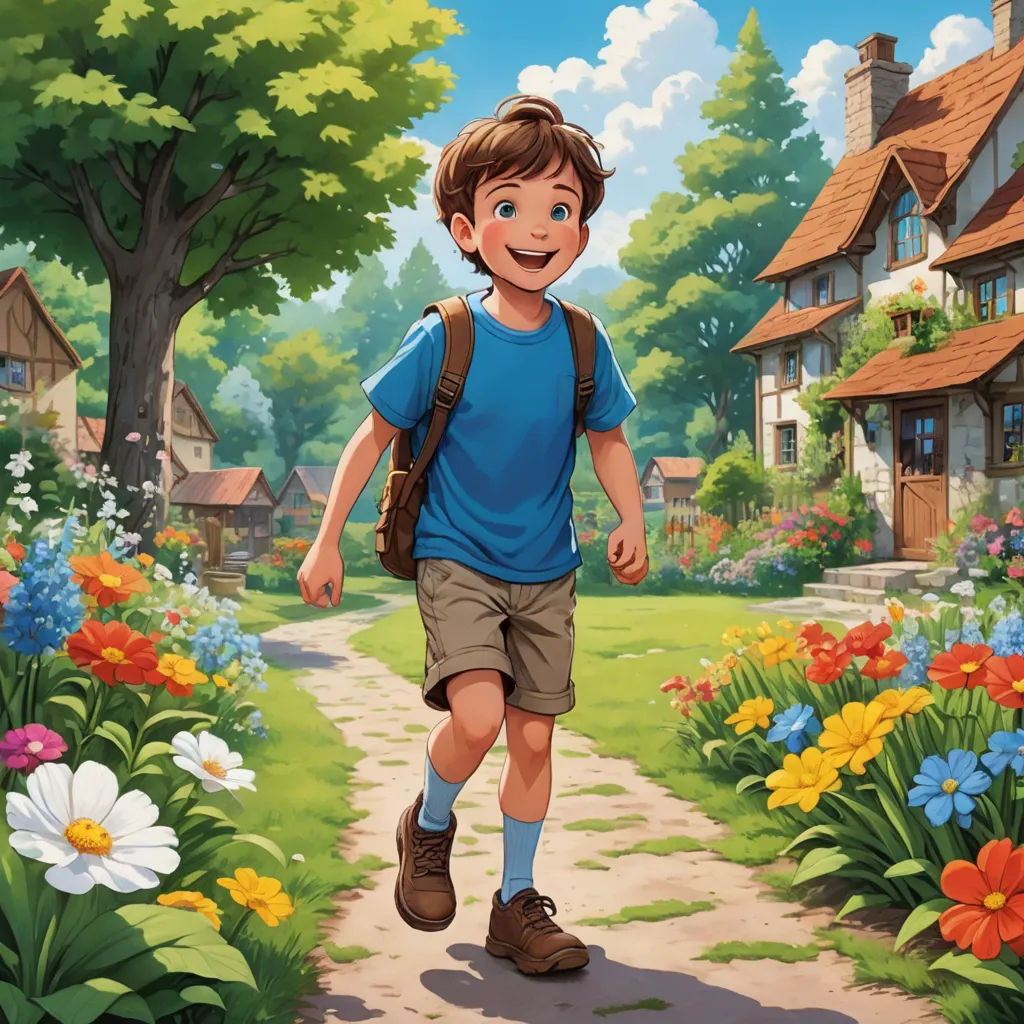 a boy is walking down a path in a garden with flowers and a house in the background with a blue shirt, american scene painting, a storybook illustration, Aaron Jasinski, kinkade