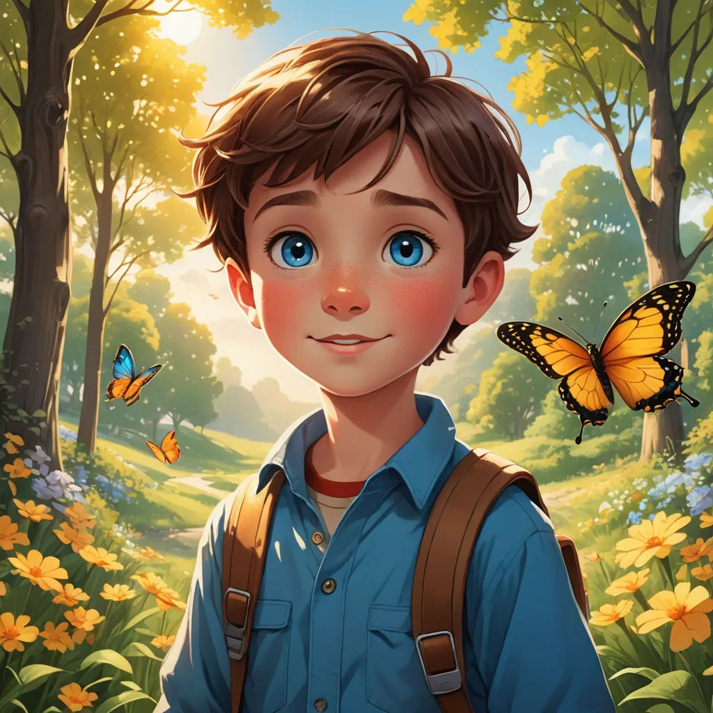 a boy with a backpack and a butterfly on his shoulder in a forest with flowers and trees, with a sun shining through the trees, fantasy art, a storybook illustration, Aaron Jasinski, rossdraws global illumination