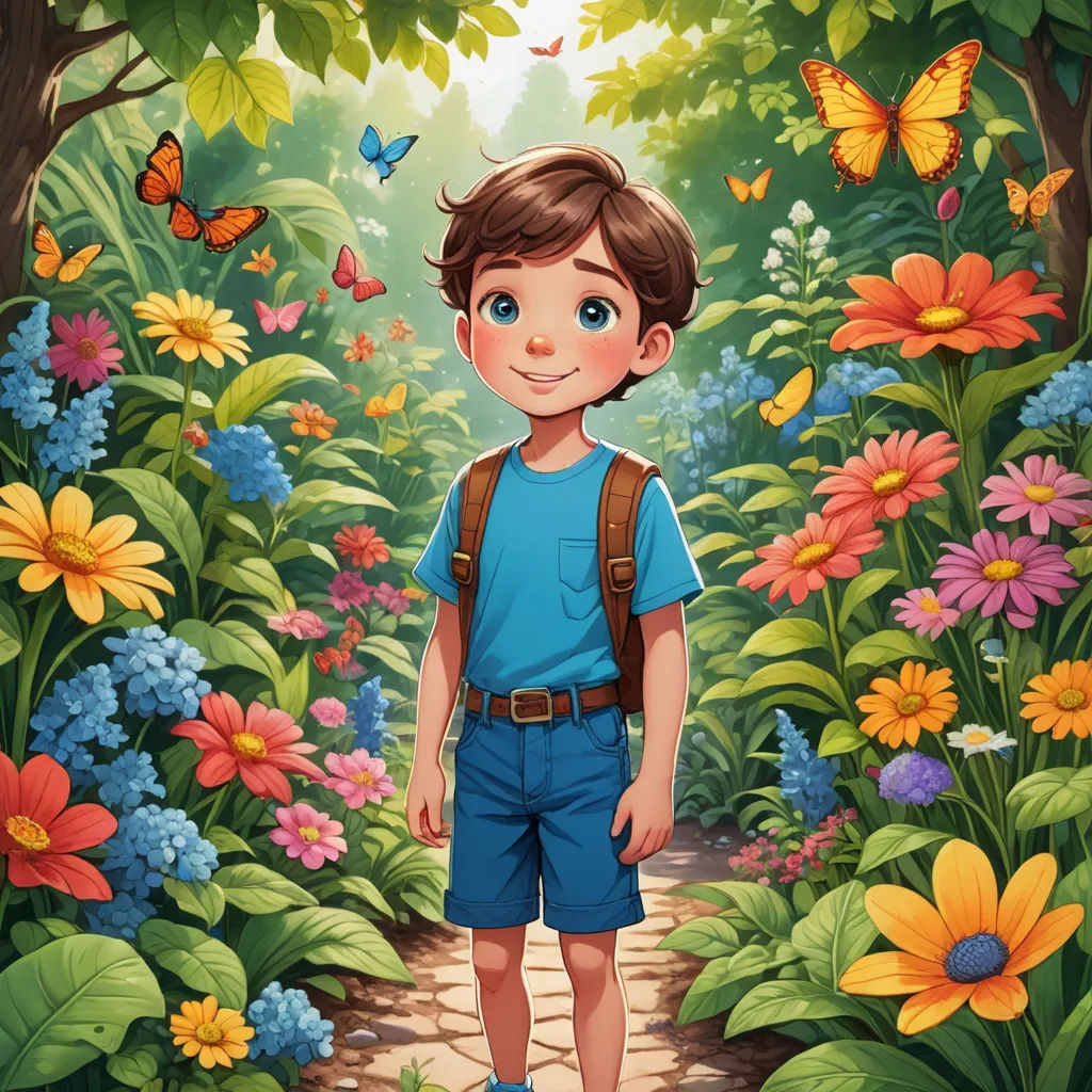 a boy standing in the middle of a forest with flowers and butterflies around him illustration by alex macgrew, fantasy art, a storybook illustration, Diego Gisbert Llorens, rossdraws global illumination