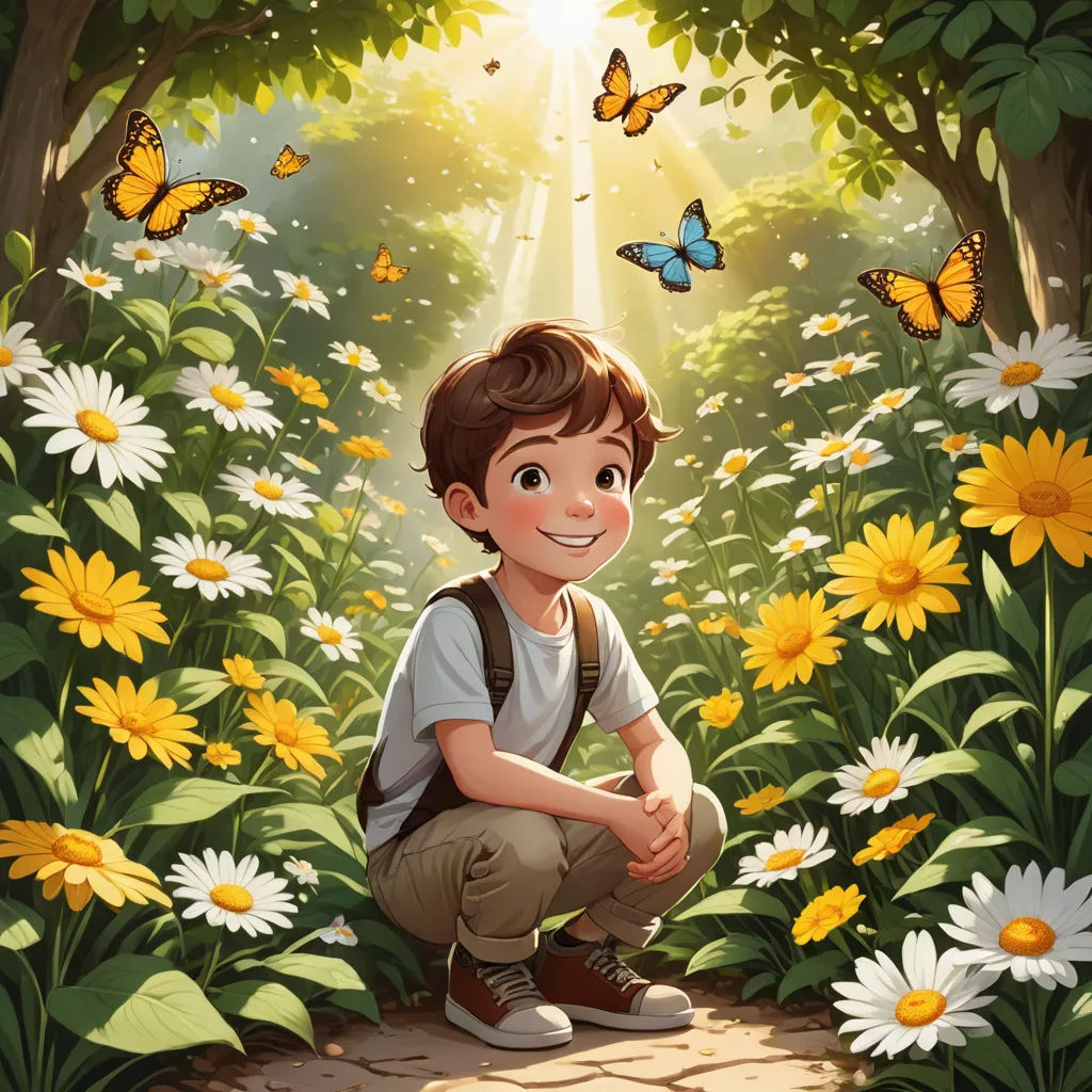 a boy sitting in a field of daisies with butterflies flying overhead in the background of a forest with sunbeams, fantasy art, a storybook illustration, Aaron Jasinski, rossdraws global illumination