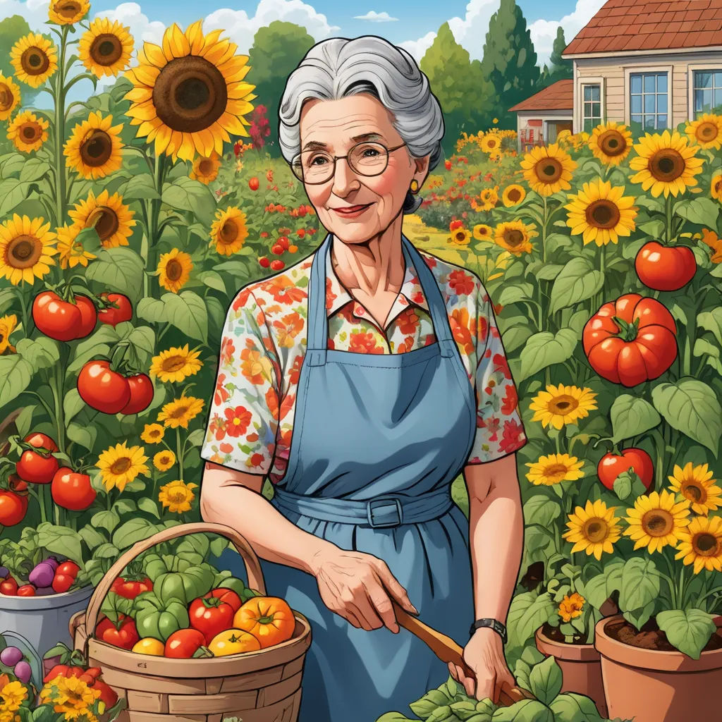 a woman in a field of sunflowers with a basket of tomatoes and tomatoes in front of her, folk art, computer graphics, Bessie Wheeler, highly detailed digital art