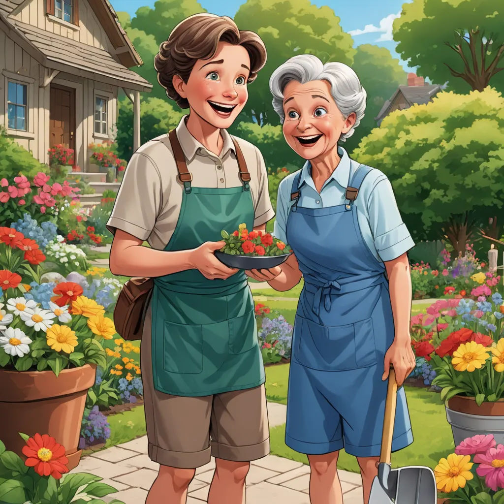 a man and woman are standing in front of a garden with flowers and a house in the background illustration, american scene painting, a stock photo, F Scott Hess, official art