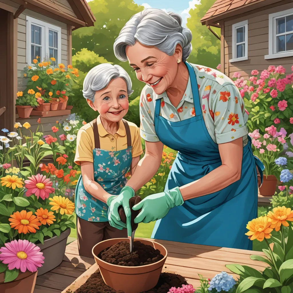 a woman and a child are gardening together in a garden with flowers and a house in the background,, naive art, a storybook illustration, Carol Sutton, storybook illustration