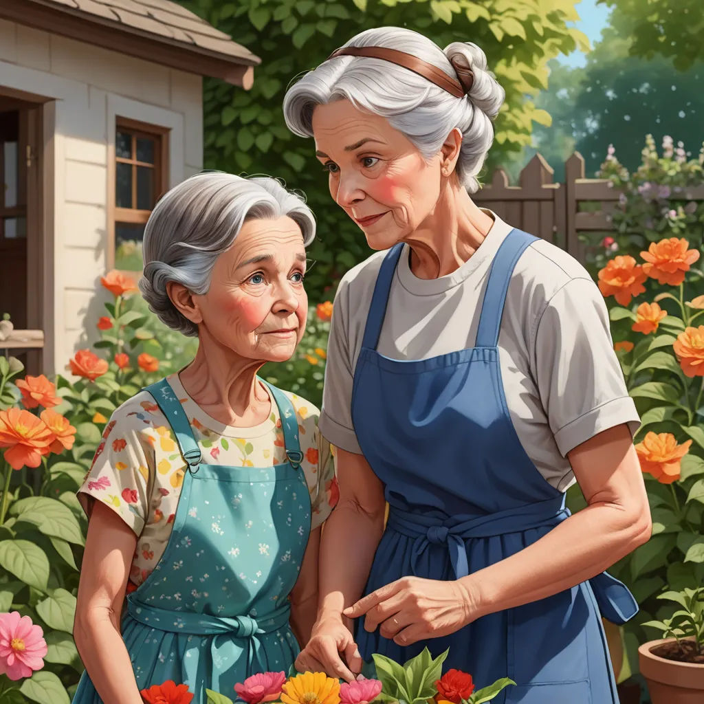 a painting of two women in a garden with flowers in front of a house and a shed behind them, american scene painting, a storybook illustration, Andrea Kowch, highly detailed digital painting