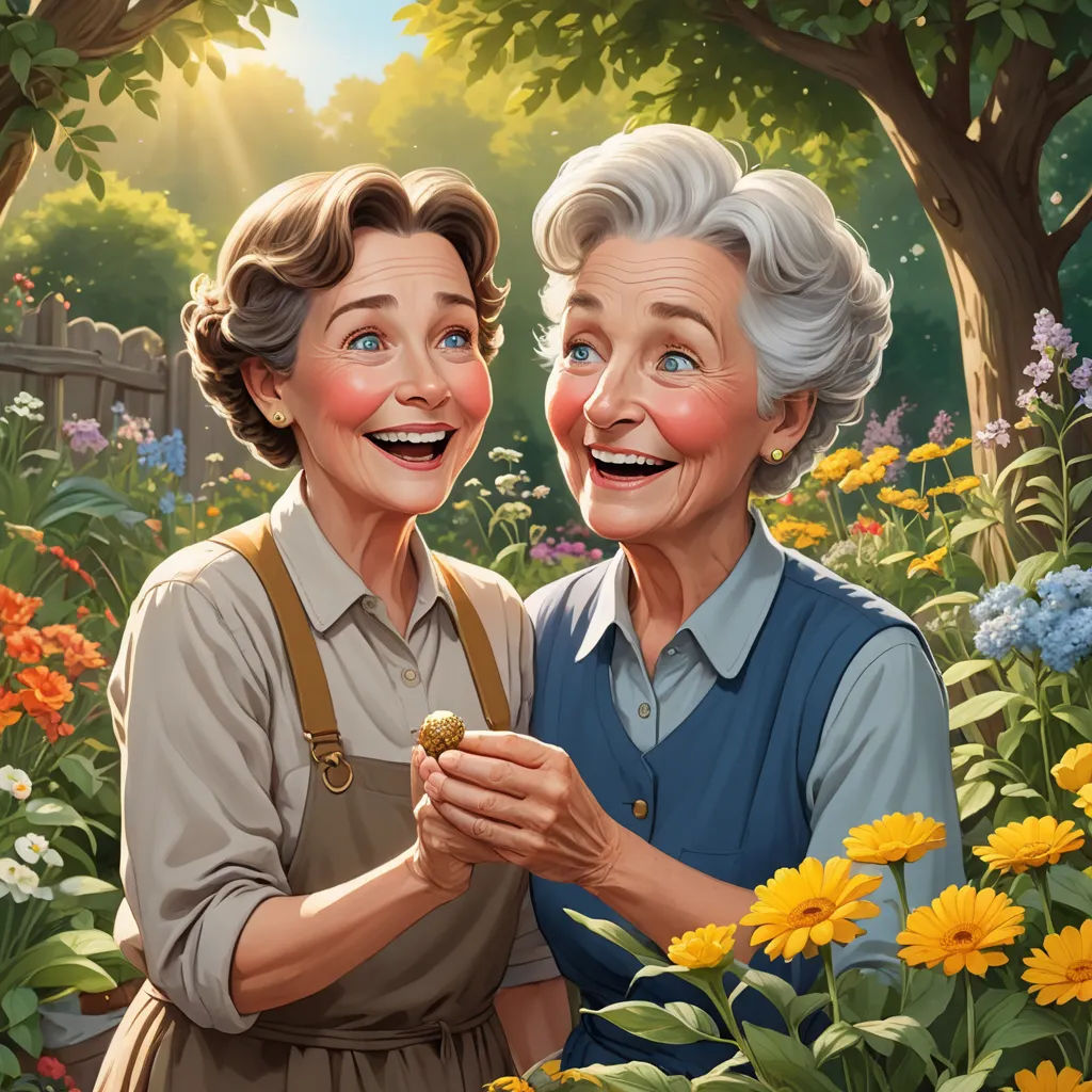 a painting of two women in a garden with flowers and trees in the background, one of them holding a flower, american scene painting, a storybook illustration, Bob Byerley, official art