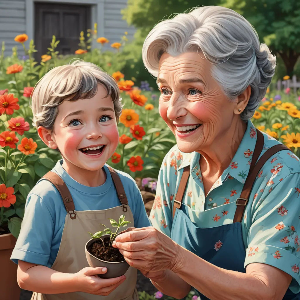 a painting of an elderly woman and a young boy holding a potted plant in a garden with flowers, photorealism, a storybook illustration, Bob Byerley, ultra realistic digital art