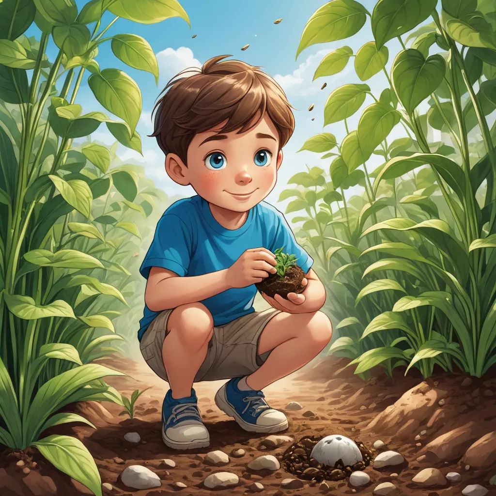 a boy kneeling down in the dirt holding a plant in his hands and looking at the ground with leaves, sots art, a storybook illustration, Aaron Jasinski, comic cover art