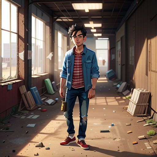 a man standing in a hallway with a lot of debris on the floor and a building in the background