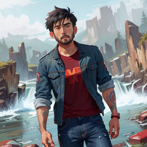 a man with a beard and a red shirt is standing in front of a waterfall and a waterfall with rocks