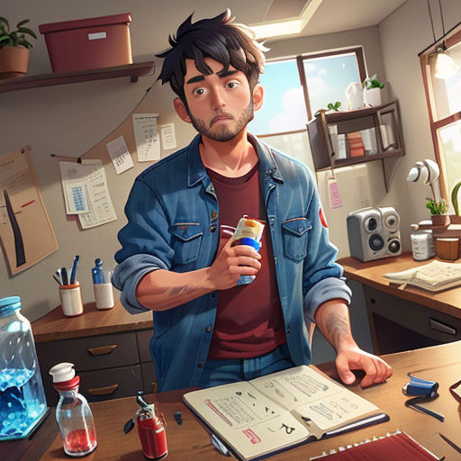 a man holding a bottle of water in a room with a desk and a computer monitor and a book