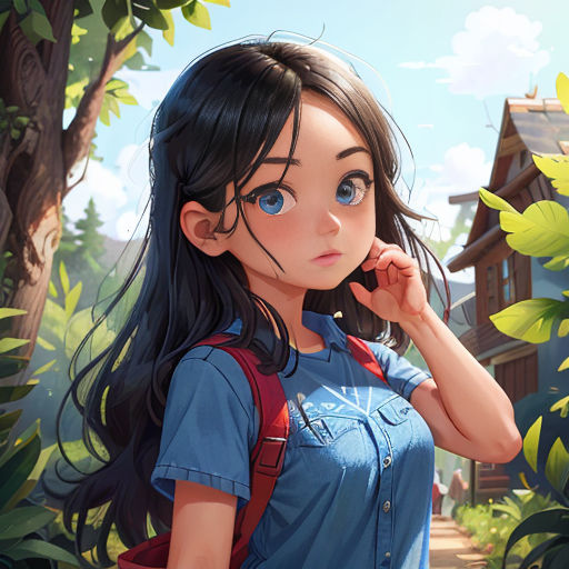 a girl with long hair and a backpack standing in front of a tree and house with a blue sky