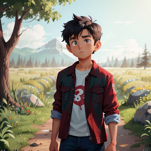 a boy standing in a field with a tree in the background and a mountain in the background with a sky