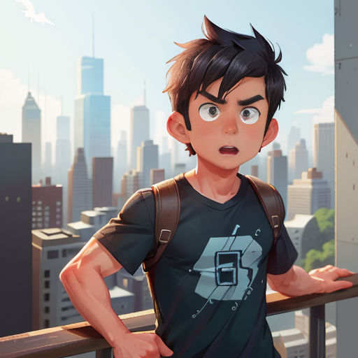 a boy with a backpack standing on a balcony looking at the camera with a city in the background with a bird flying overhead