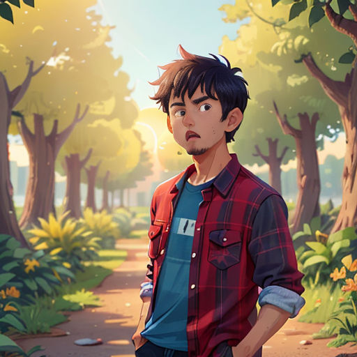 a man standing in a forest with a red shirt on and a blue shirt on his chest and a red shirt on his chest