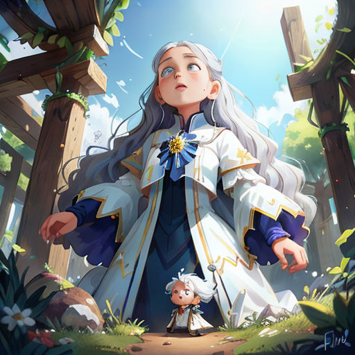 a woman in a white dress standing in a forest with a dog on her lap and a sky background