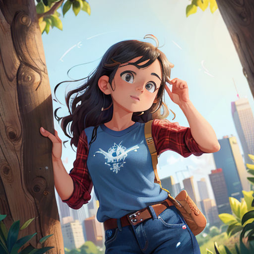 a woman standing next to a tree in a forest with a city in the background and a bird flying overhead