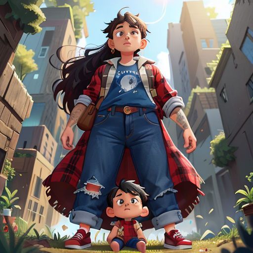 a woman standing next to a child in a city street with buildings in the background and a man standing next to her